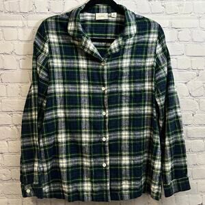 LL Bean Blue/Green Plaid 100% Cotton Flannel Shirt Women's Medium Cottage